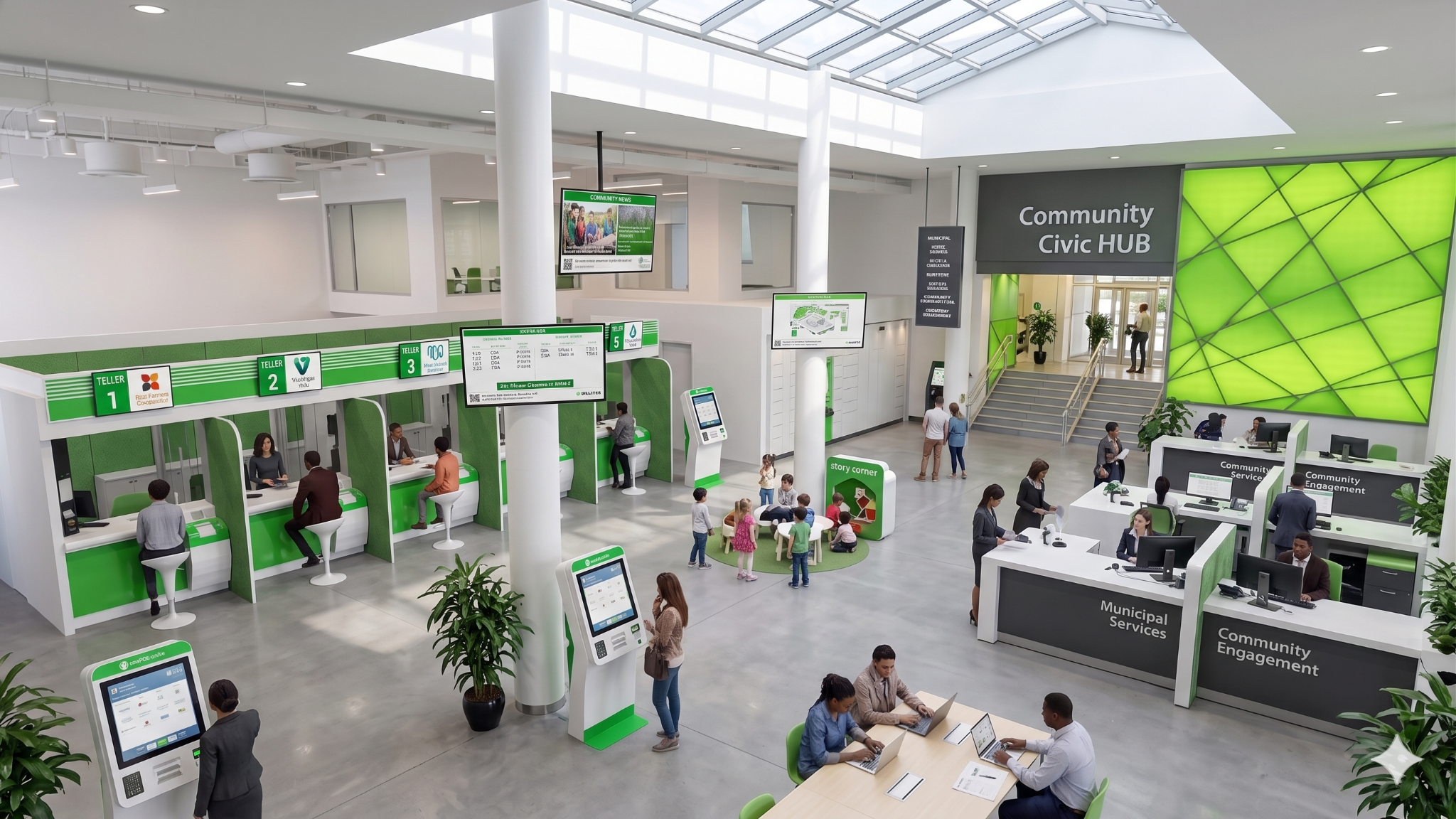 Multi-tenant Community Civic HUB interior with shared premises and assistance