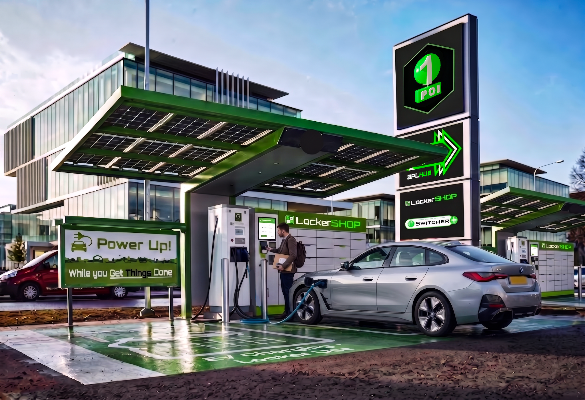 Concept Power UP node combining EV charging, secure LockerShop fulfilment and a managed physical service point